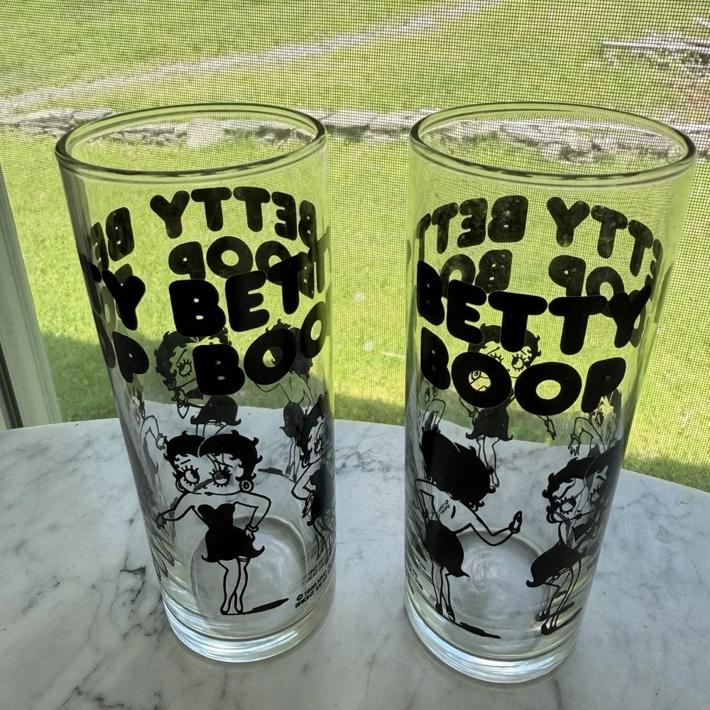 Vtg 1988 Libbey Betty Boop 10oz Clear Glass Drinking Tumblers Highball Set Of 2